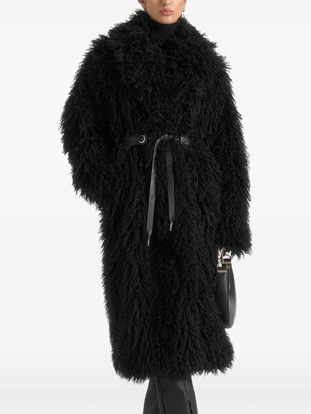 Manière De Voir Bria in Black oversized mongolian fur coat with belt - Nero