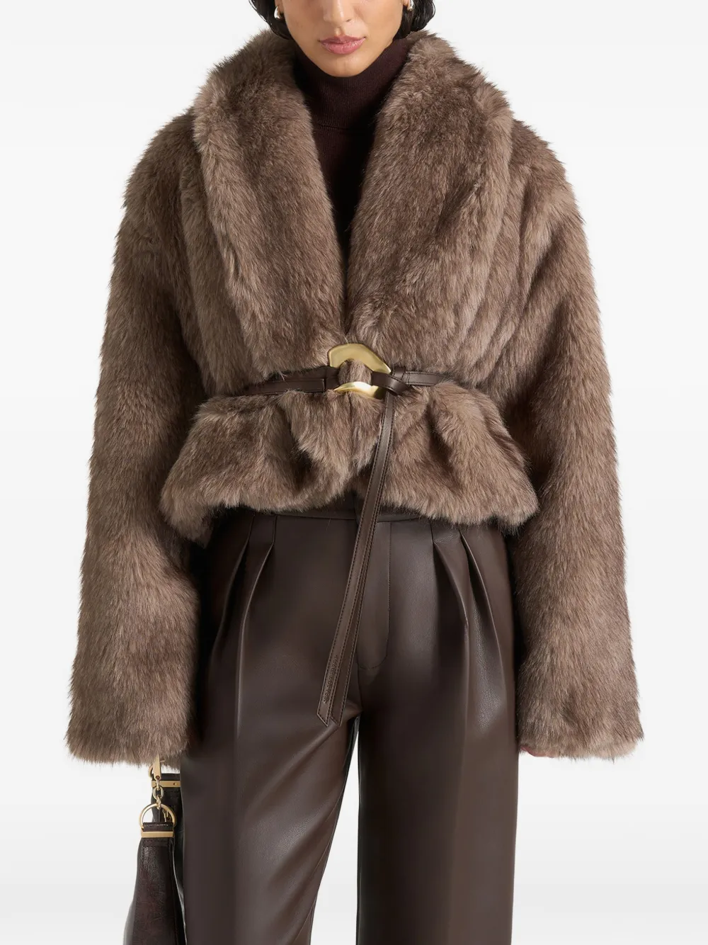 Manière De Voir Nola in taupe fur shawl jacket with leather belt - Braun