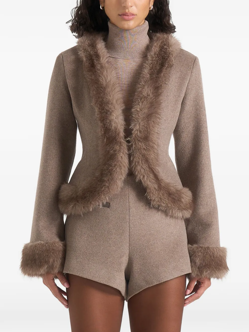 Manière De Voir Lina in taupe sculpted wool & fur trim jacket - Nude
