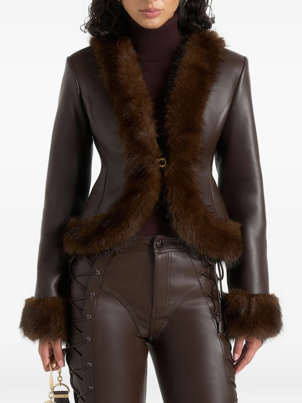 Manière De Voir Lina in brown sculpted leather & fur trim jacket - Braun