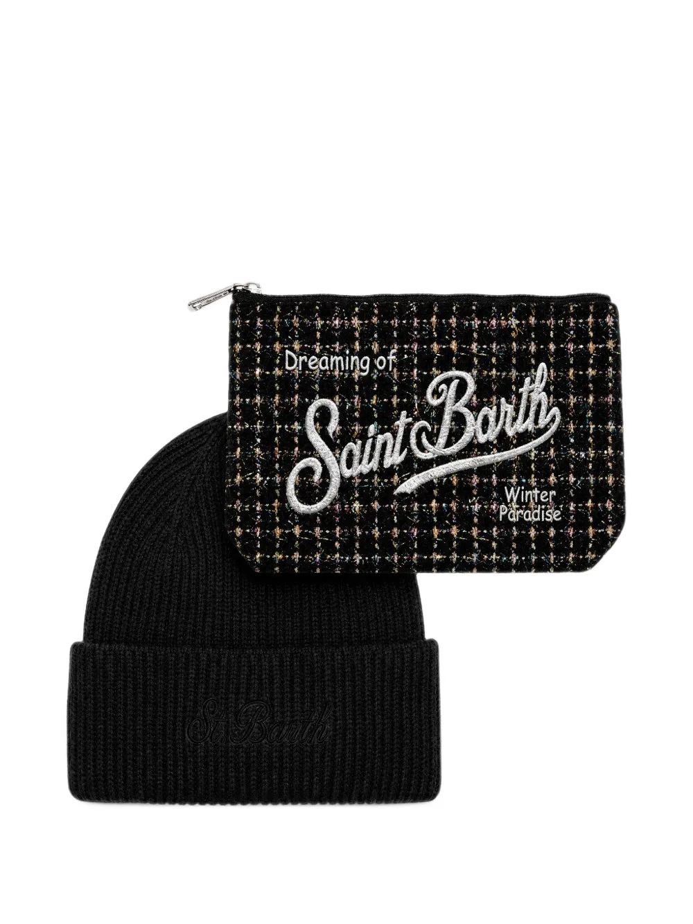 MC2 Saint Barth black tweed pochette and black beanie set Zwart