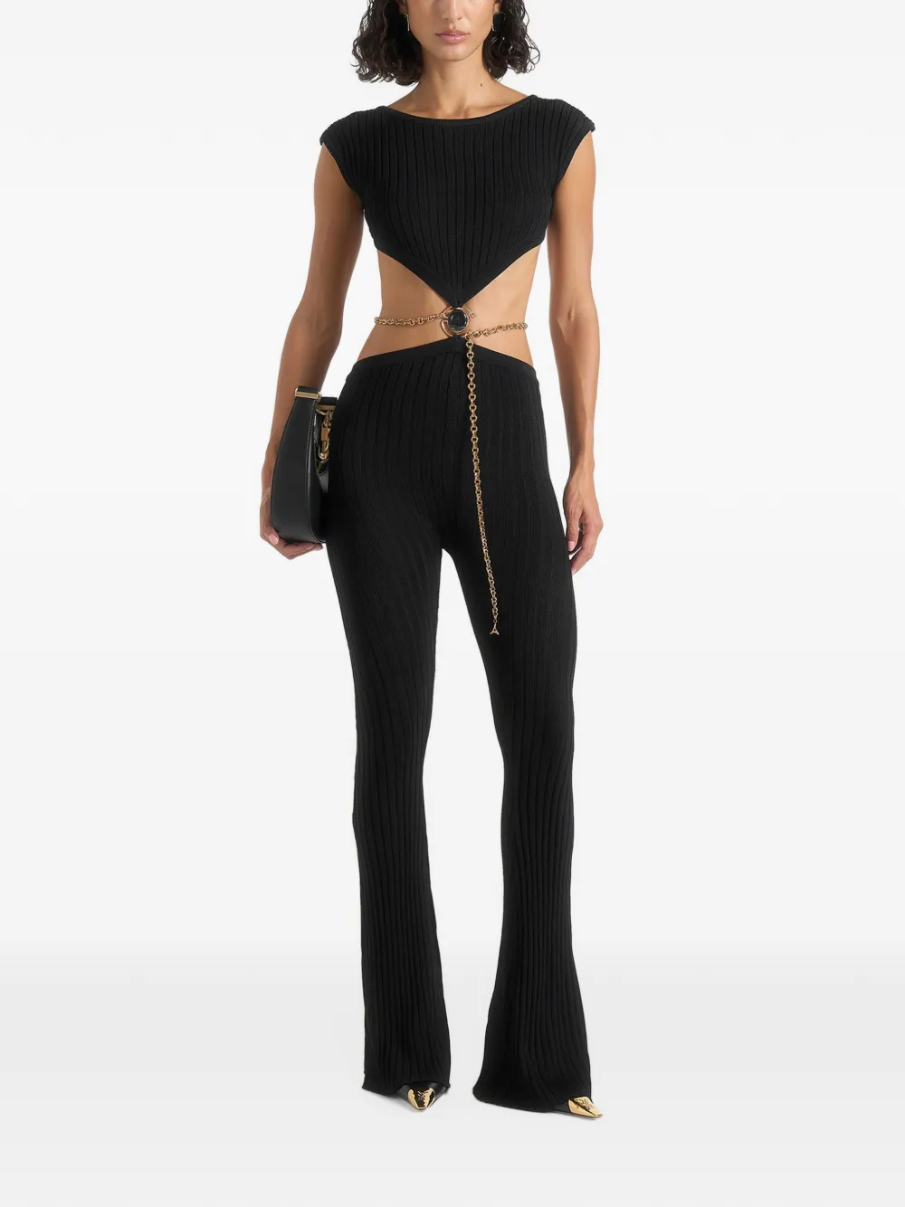 Manière De Voir Zelda in black backless rib-knit jumpsuit with hardware chain belt - Schwarz