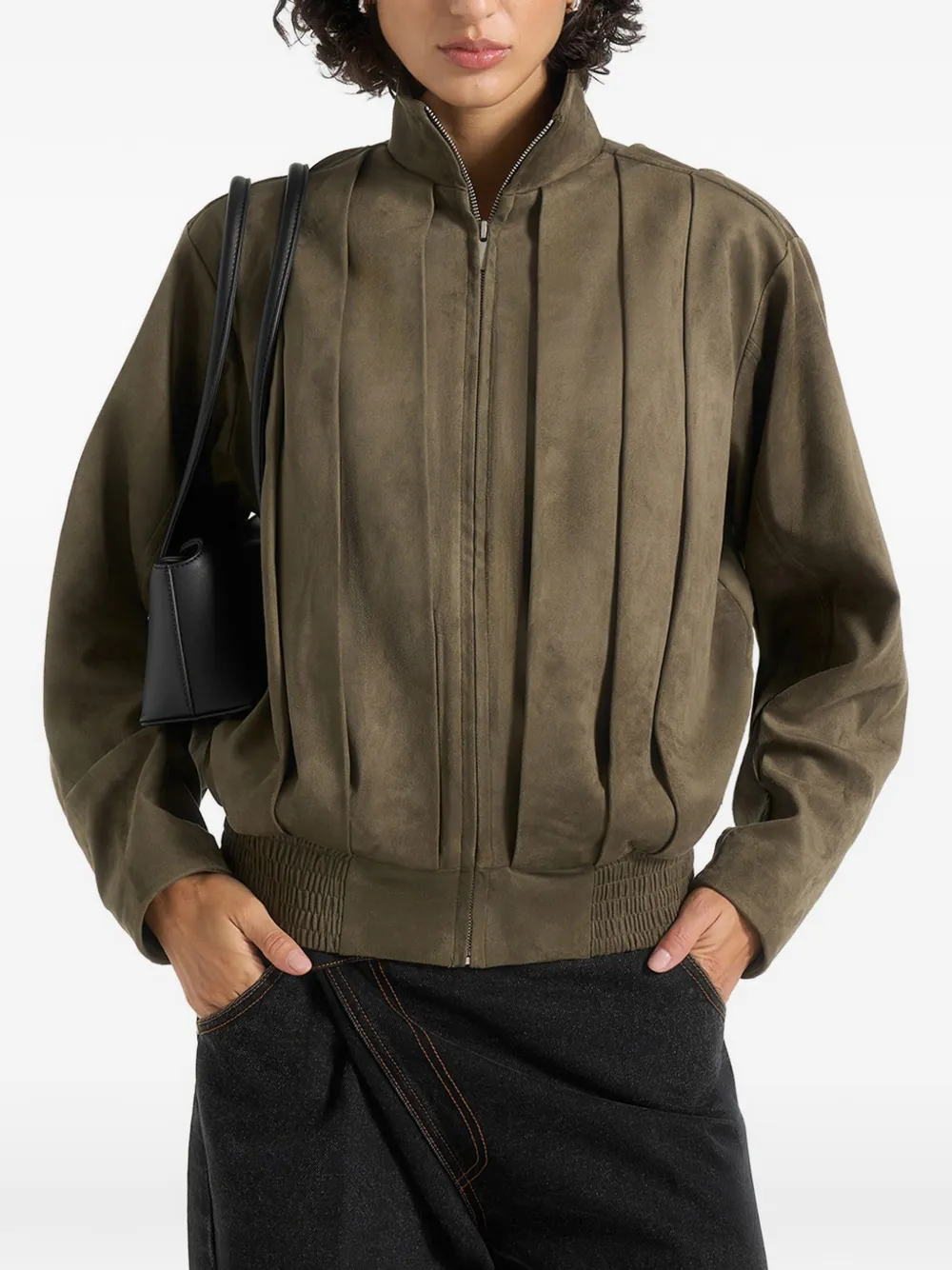 Manière De Voir Kirsty in dark sage oversized pleated suede bomber jacket - Grün