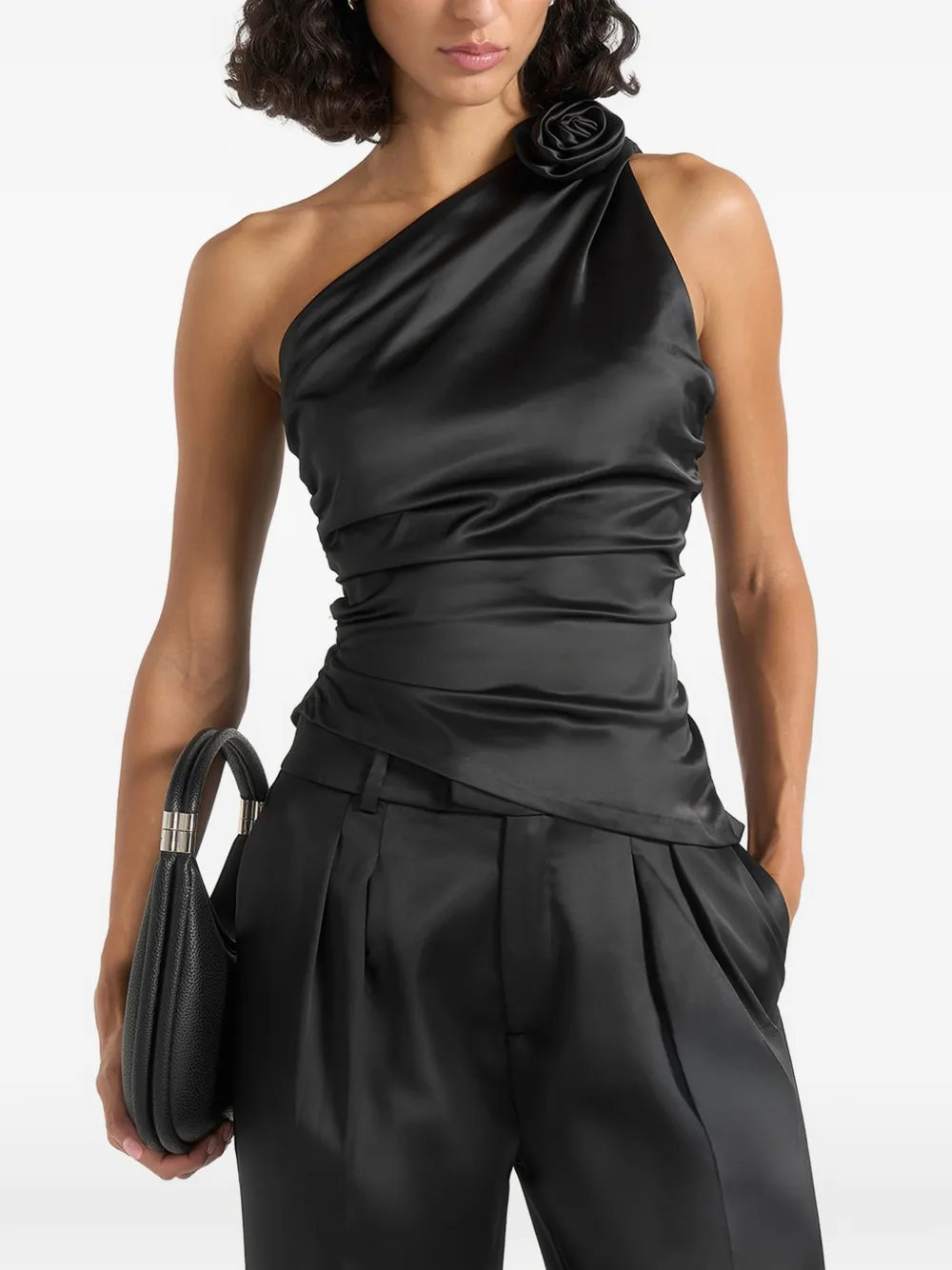 Manière De Voir Heidi in black one-shoulder satin rosette top - Nero