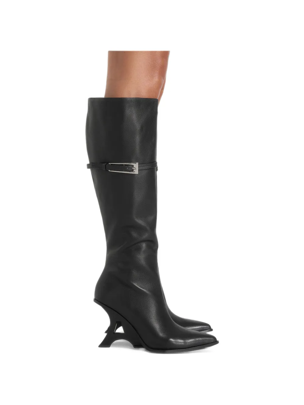 Manière De Voir L'Eiffel in black pointed knee high leather boot with buckle - Nero
