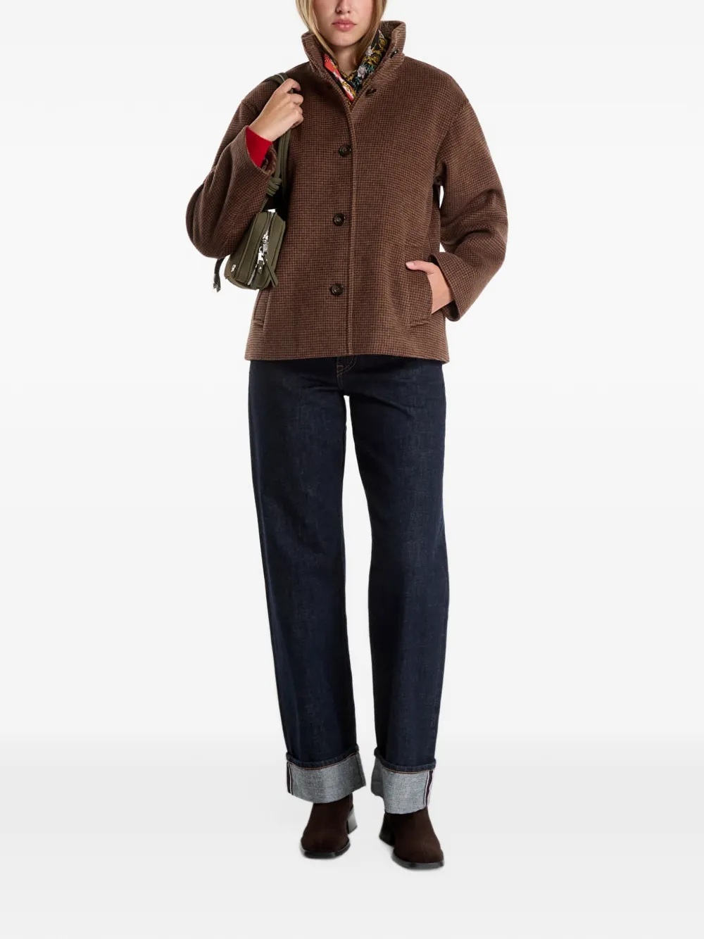 Gant houndstooth-pattern high-neck coat Bruin