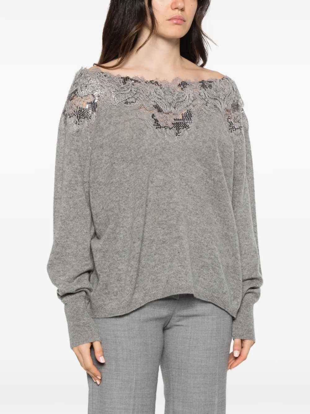 Ermanno Scervino lace-trimmed sequin-embellished sweater Grijs