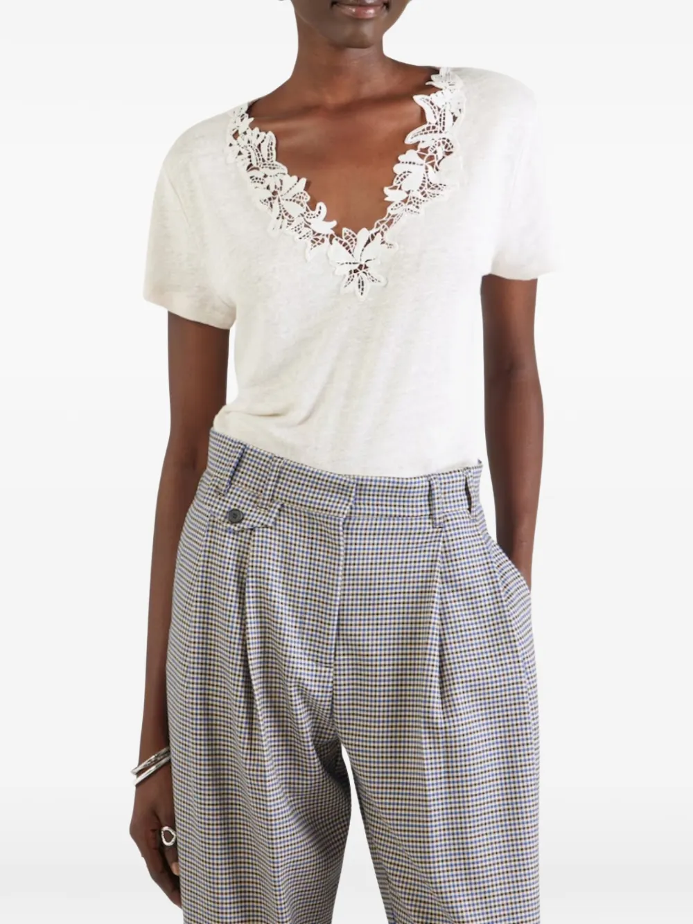 BOSS lace-trim V-neck T-shirt Wit