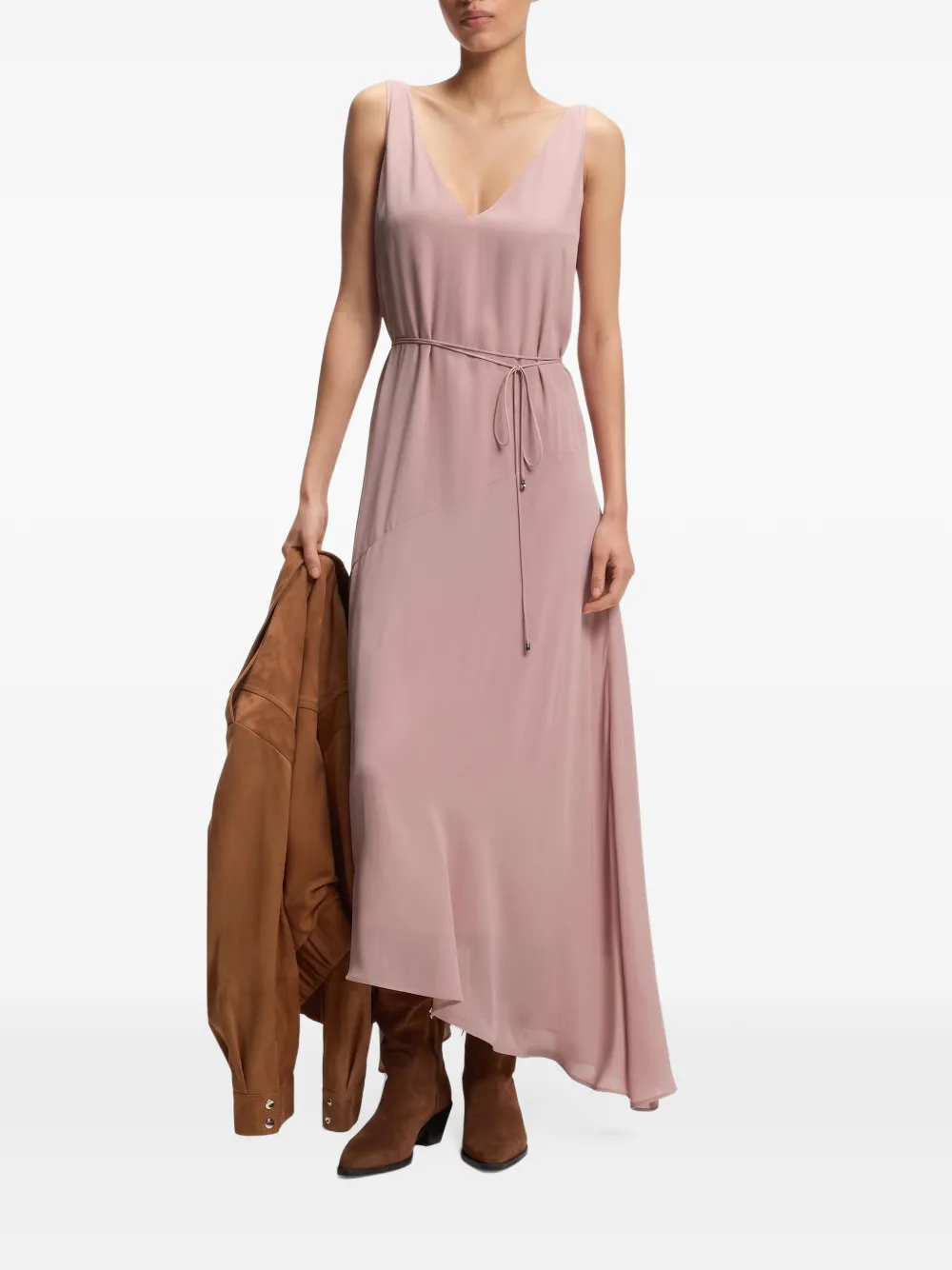 BOSS V-neck slip dress in crepe de chine Roze