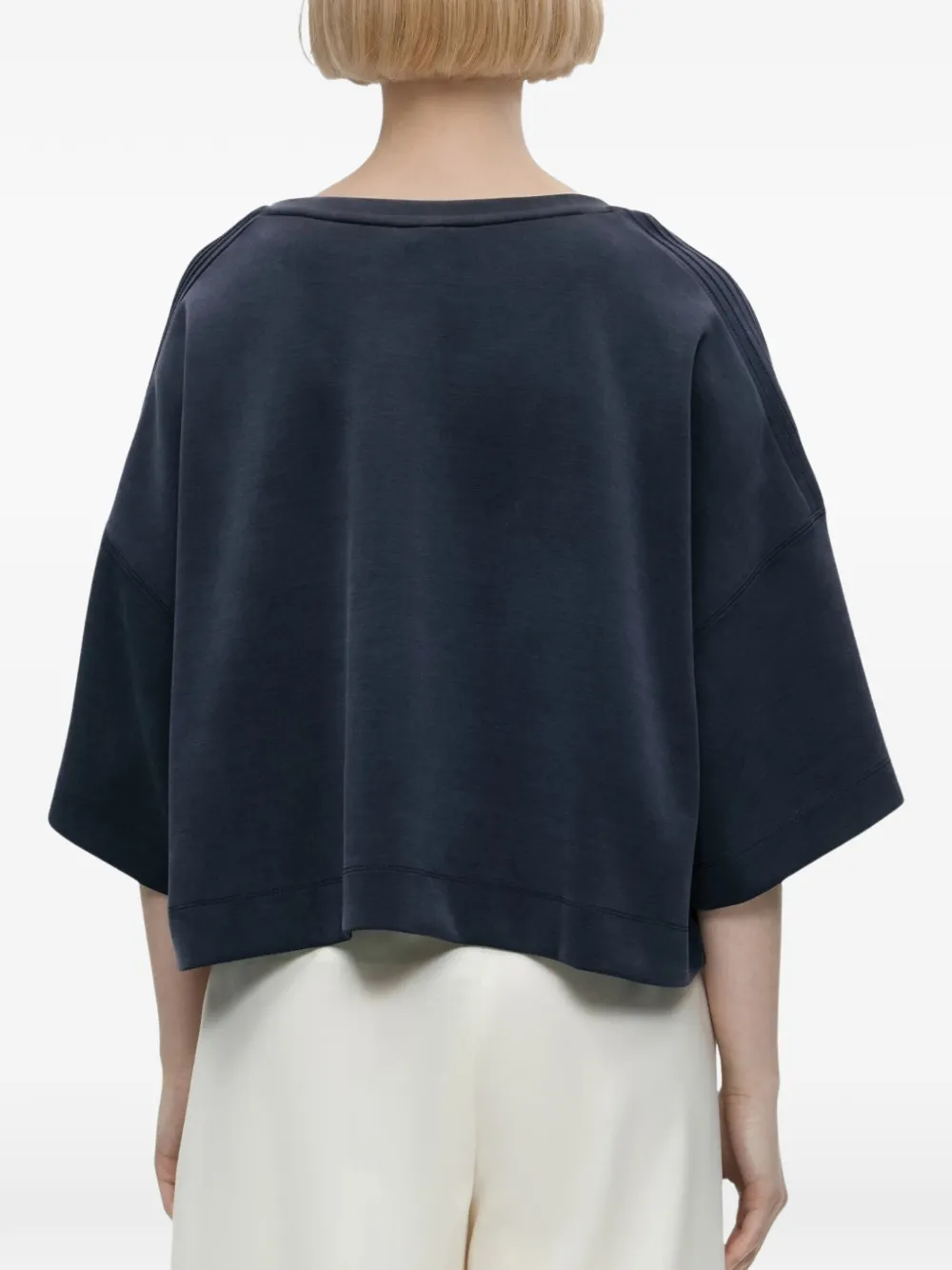 BOSS logo-embroidered cropped T-shirt Blauw
