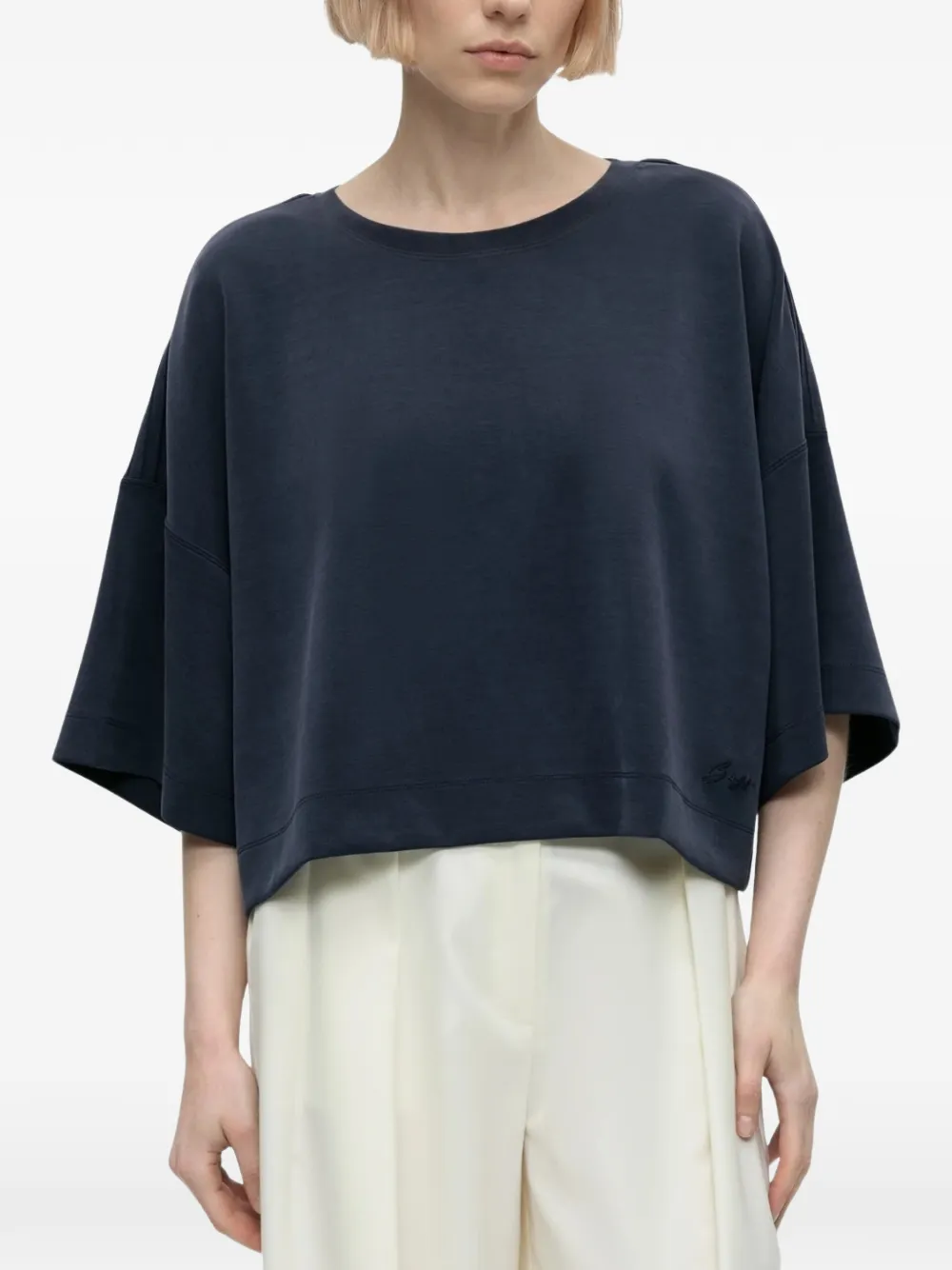 BOSS logo-embroidered cropped T-shirt Blauw