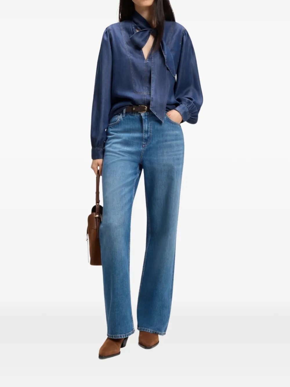 BOSS denim-look blouse with scarf detail Blauw