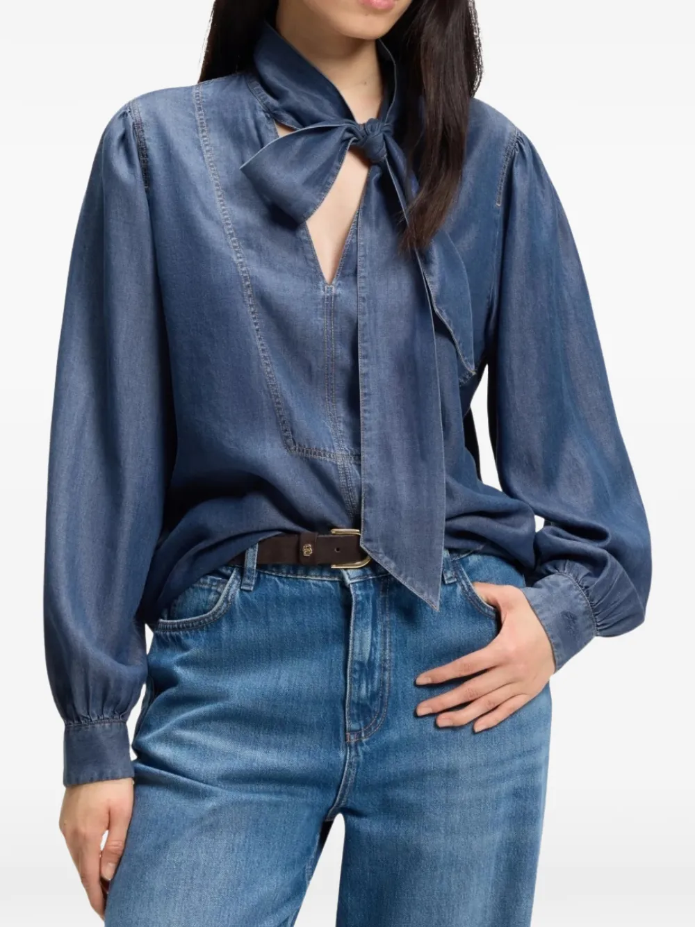 BOSS denim-look blouse with scarf detail Blauw