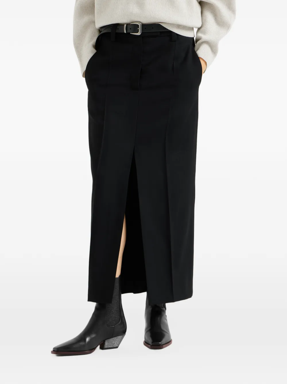 Brunello Cucinelli virgin wool gabardine sartorial column skirt with monili Zwart