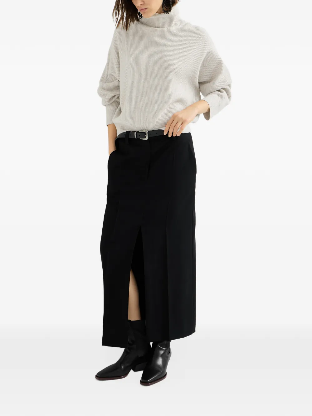 Brunello Cucinelli virgin wool gabardine sartorial column skirt with monili Zwart