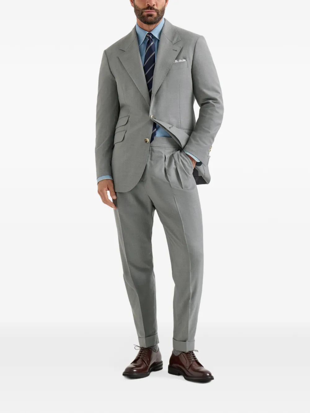 Brunello Cucinelli virgin-wool and silk lightweight hopsack trousers with double pleats and waist tabs Grijs