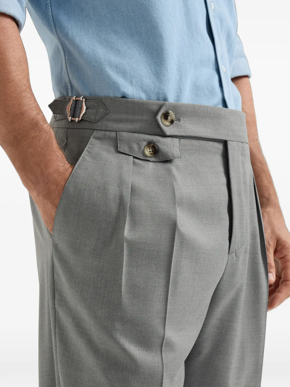 Brunello Cucinelli virgin-wool and silk lightweight hopsack trousers with double pleats and waist tabs Grijs