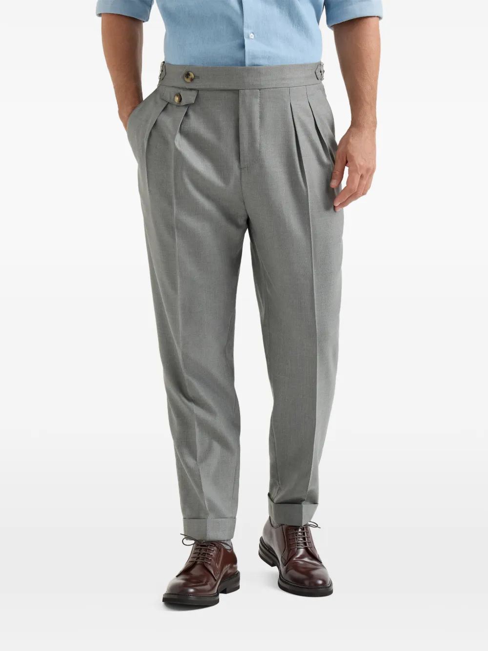 Brunello Cucinelli virgin-wool and silk lightweight hopsack trousers with double pleats and waist tabs Grijs
