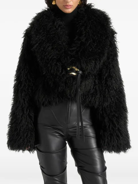 Manière De Voir Nola in black Mongolian-fur shawl jacket with leather belt