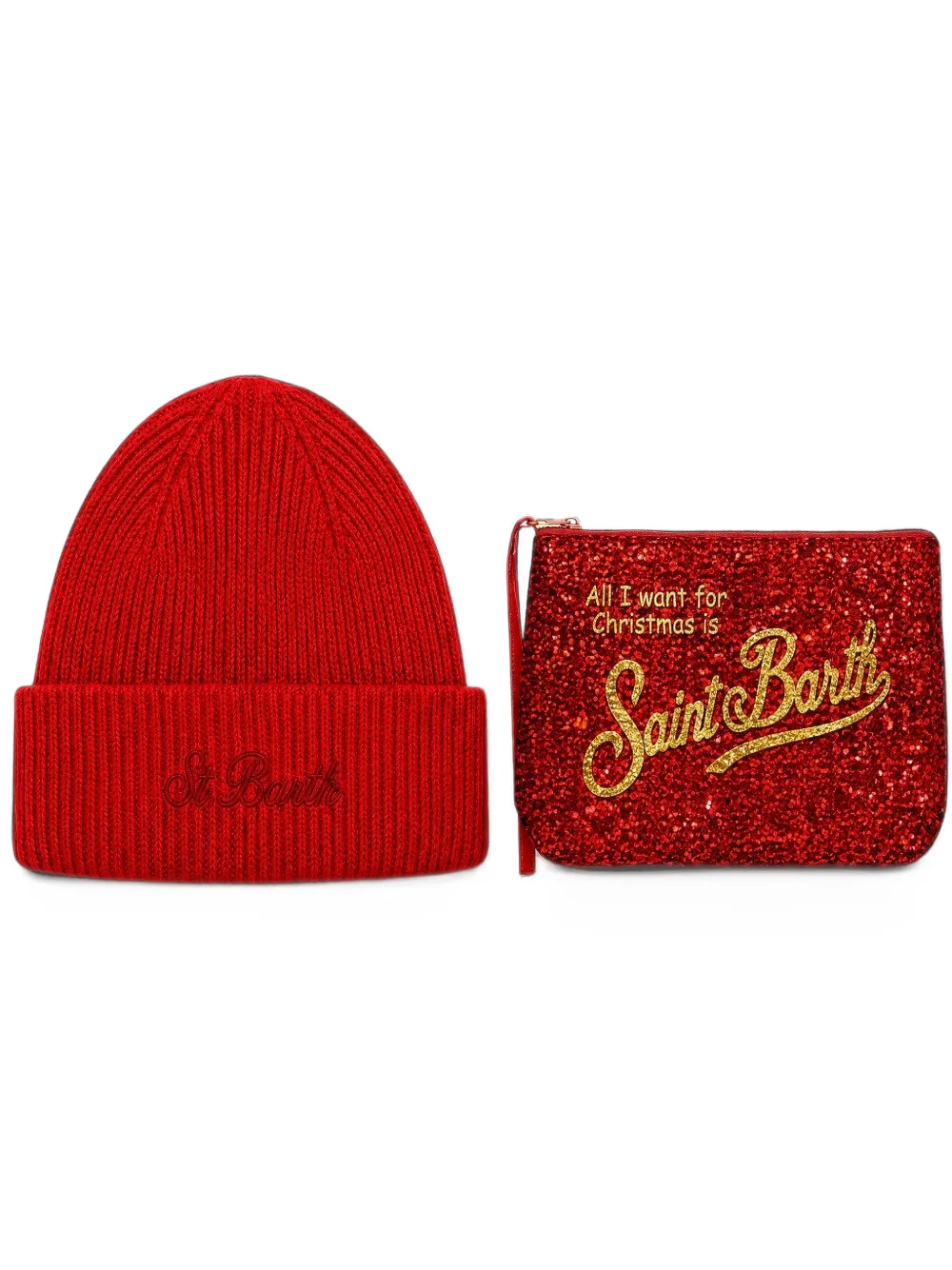 MC2 Saint Barth pochette with Merry Christmas embroidery and red beanie set Rood
