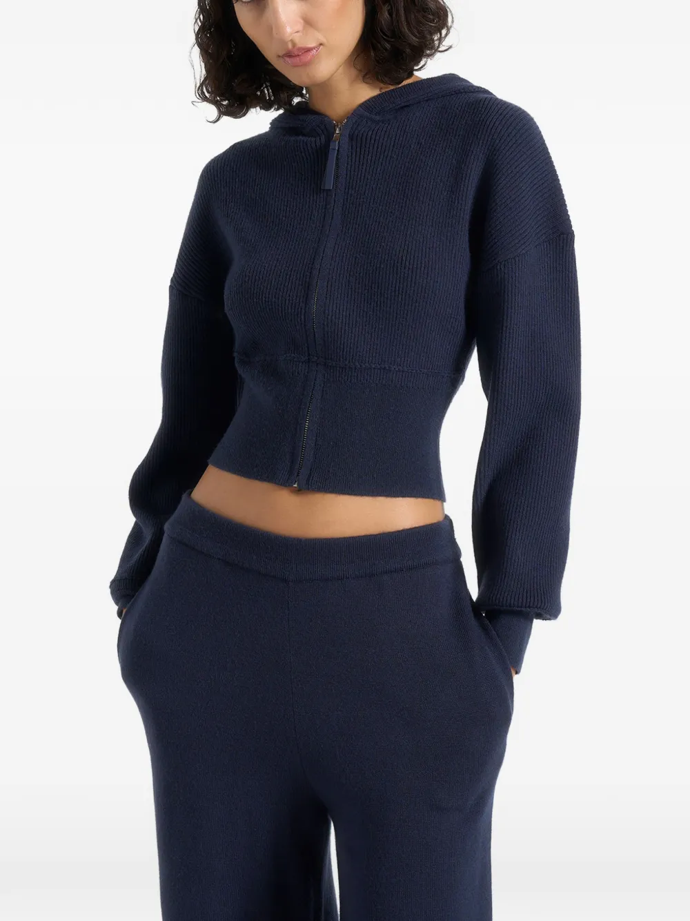 Manière De Voir Lexie in navy cropped knit zip hoodie - Blu