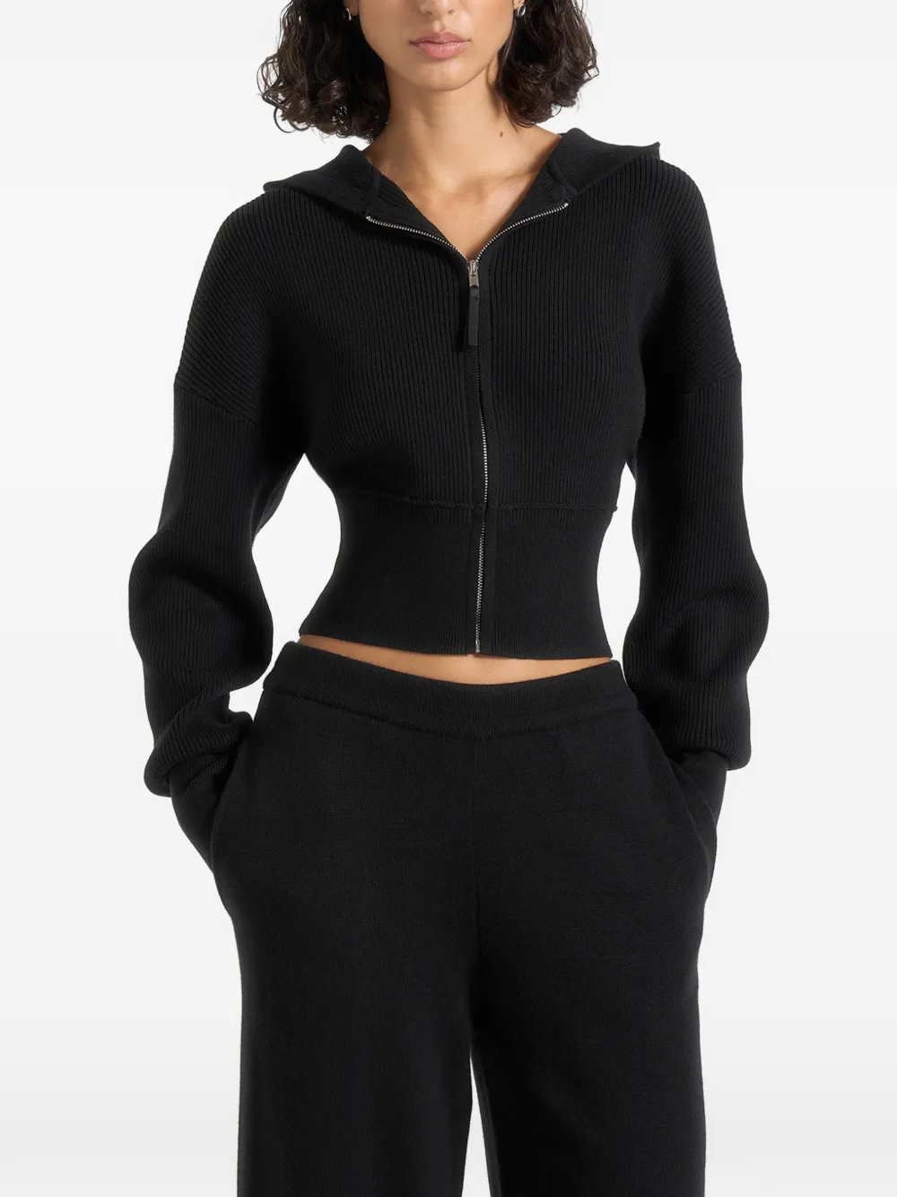 Manière De Voir Lexie in black cropped knit zip hoodie - Nero