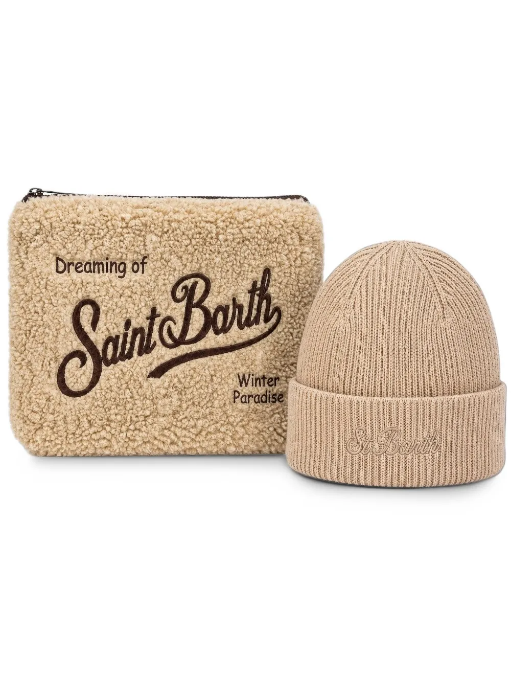 MC2 Saint Barth beige teddy pochette and beige beanie set