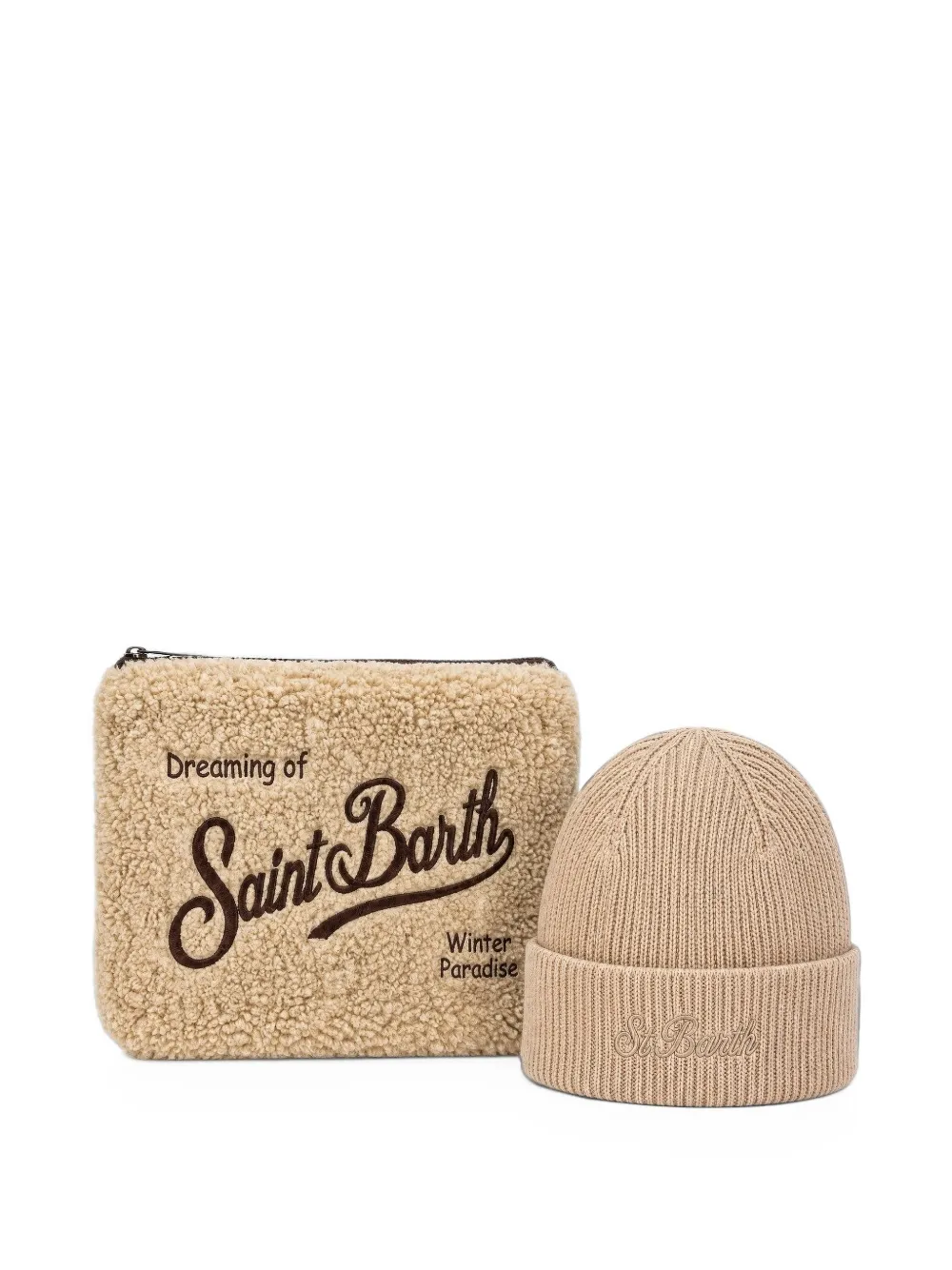 MC2 Saint Barth beige teddy pochette and beige beanie set