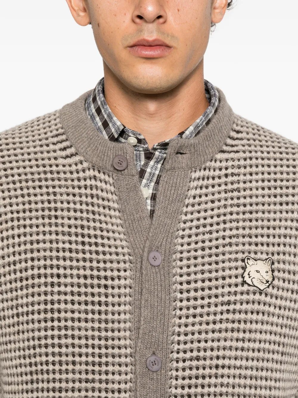 Maison Kitsuné Fox Head-patch waffle-knit cardigan Beige