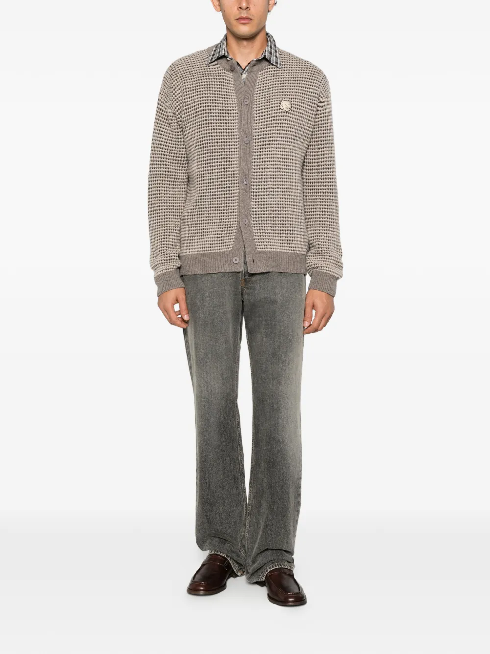 Maison Kitsuné Fox Head-patch waffle-knit cardigan Beige