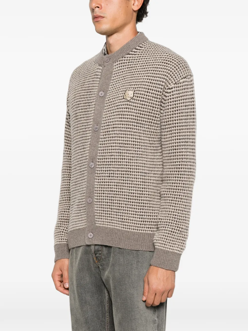 Maison Kitsuné Fox Head-patch waffle-knit cardigan Beige
