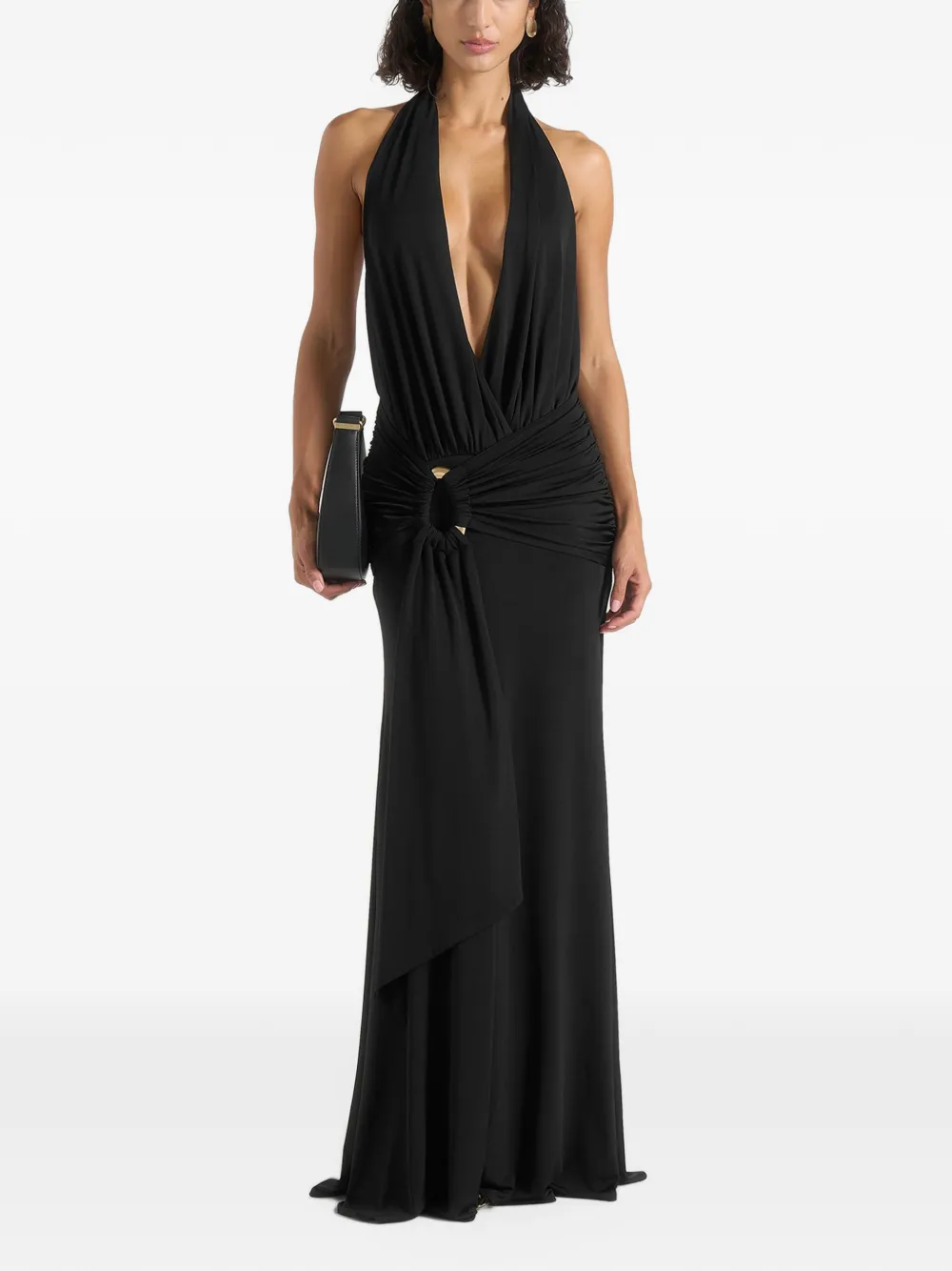 Manière De Voir Ida in black plunge halter draped hardware maxi dress - Nero