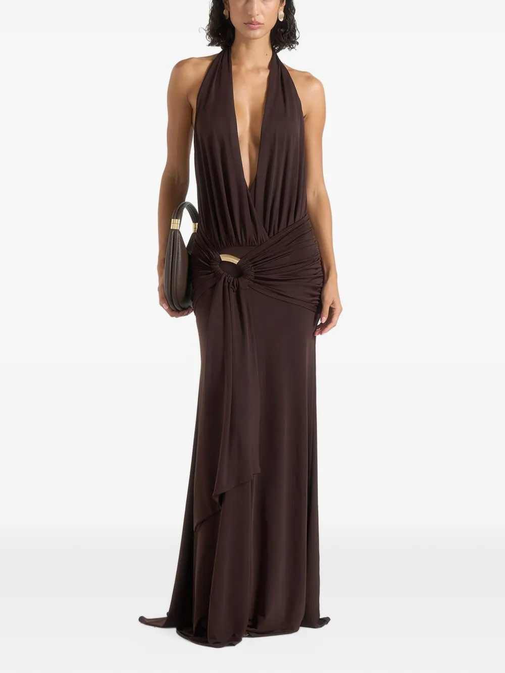 Manière De Voir Ida in brown plunge halter draped hardware maxi dress - Marrone