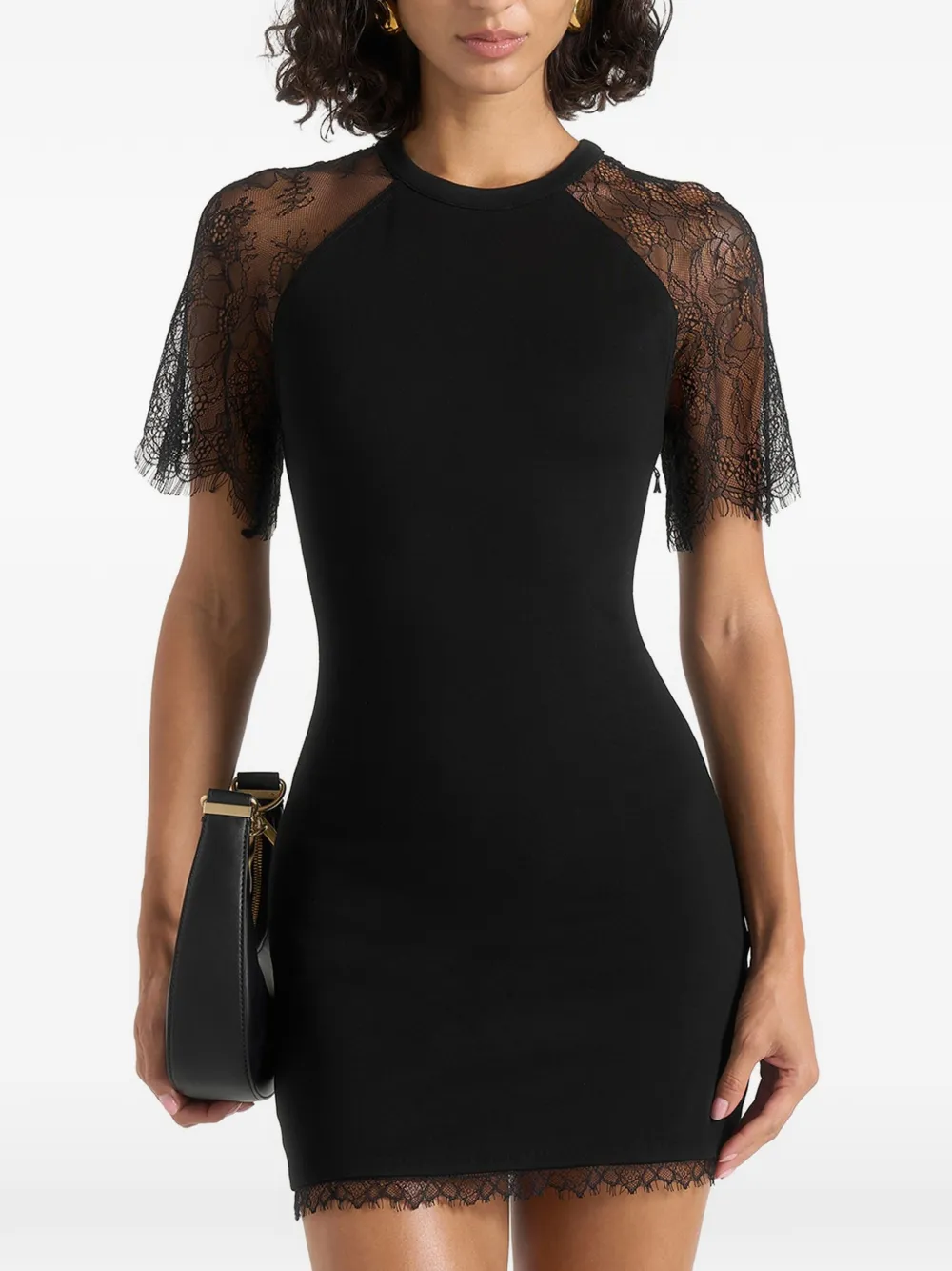 Manière De Voir Nadia in black chantilly lace-sleeve mini dress with lace-up back - Schwarz