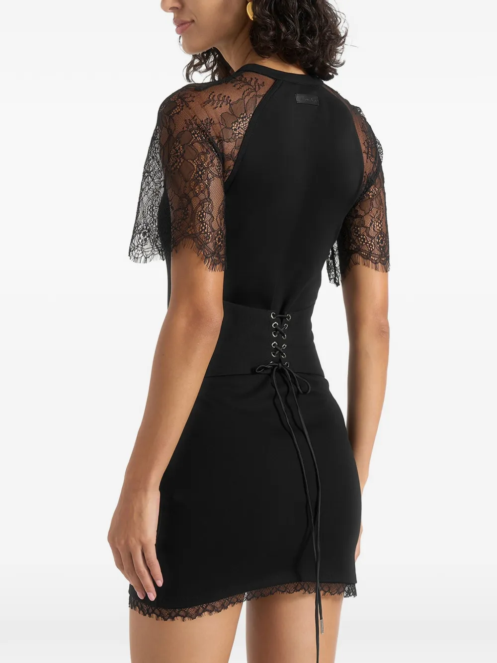 Manière De Voir Nadia in black chantilly lace-sleeve mini dress with lace-up back Zwart