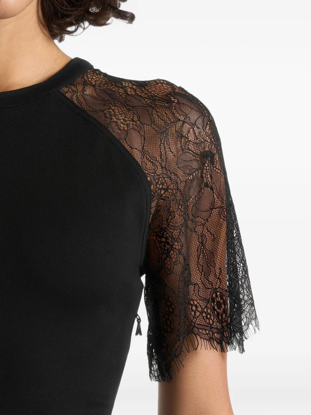 Manière De Voir Nadia in black chantilly lace-sleeve mini dress with lace-up back Zwart