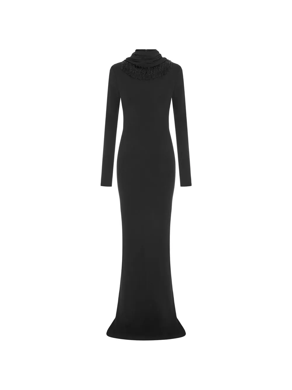 16Arlington Foyle bead-fringed long-sleeved fitted maxi gown dress - Black