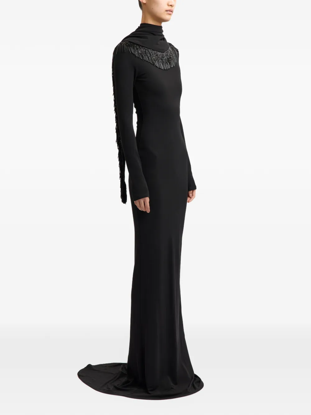 16Arlington Foyle bead-fringed long-sleeved fitted maxi gown dress Zwart