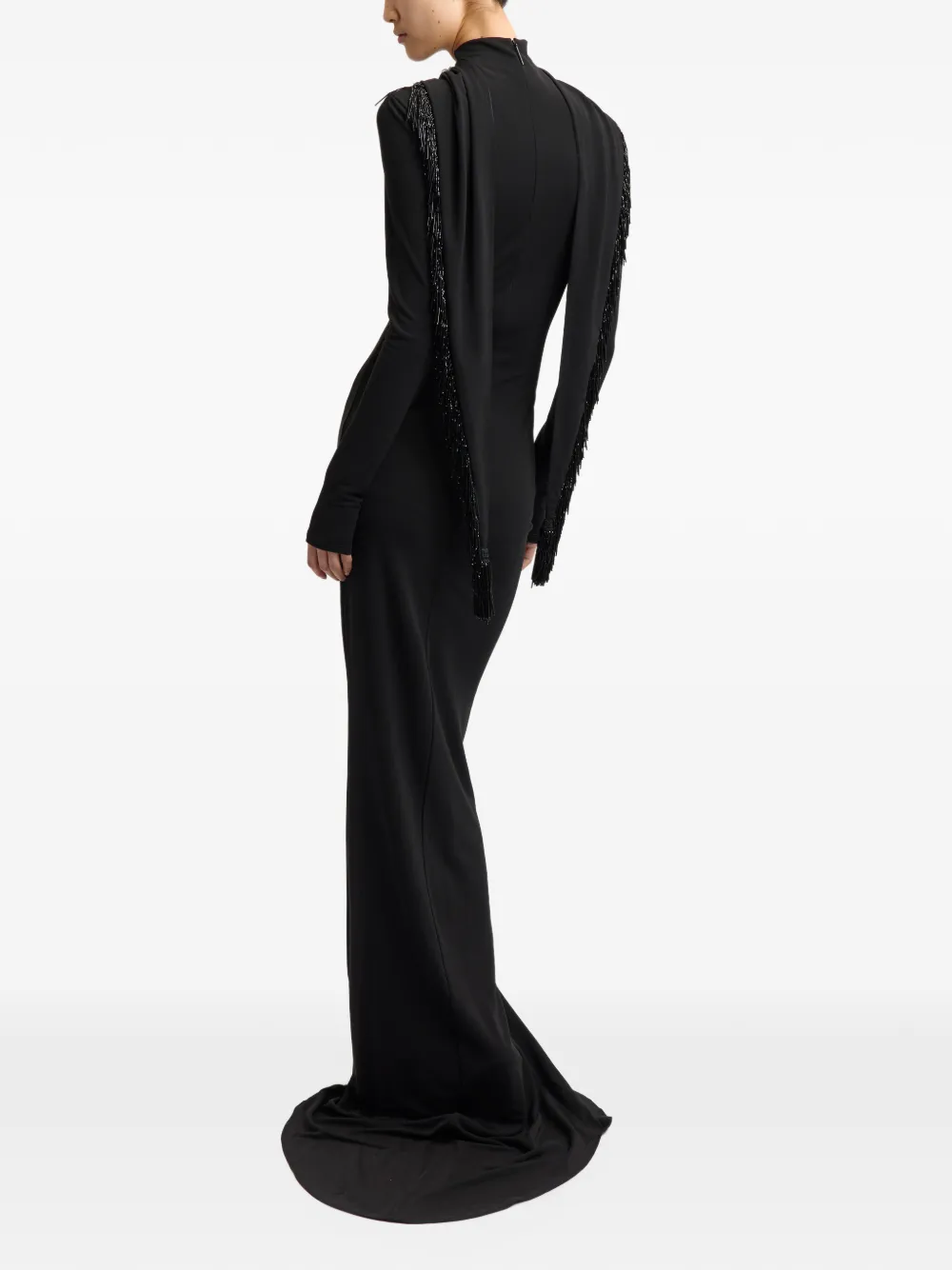 16Arlington Foyle bead-fringed long-sleeved fitted maxi gown dress Zwart