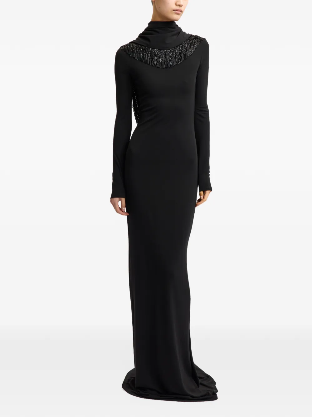 16Arlington Foyle bead-fringed long-sleeved fitted maxi gown dress Zwart
