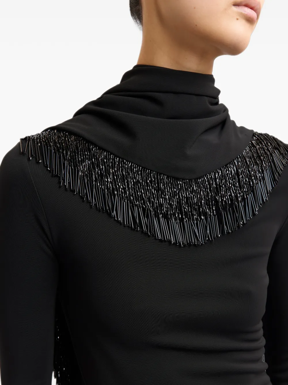 16Arlington Foyle bead-fringed long-sleeved fitted maxi gown dress Zwart
