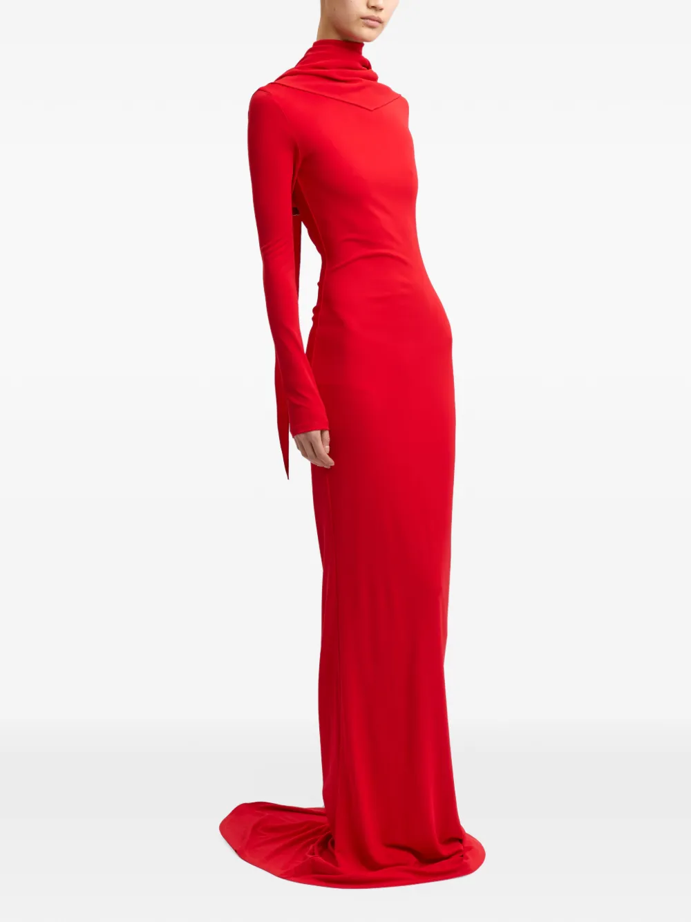 16Arlington Foyle draped-neck long-sleeved bodycon maxi gown dress Rood