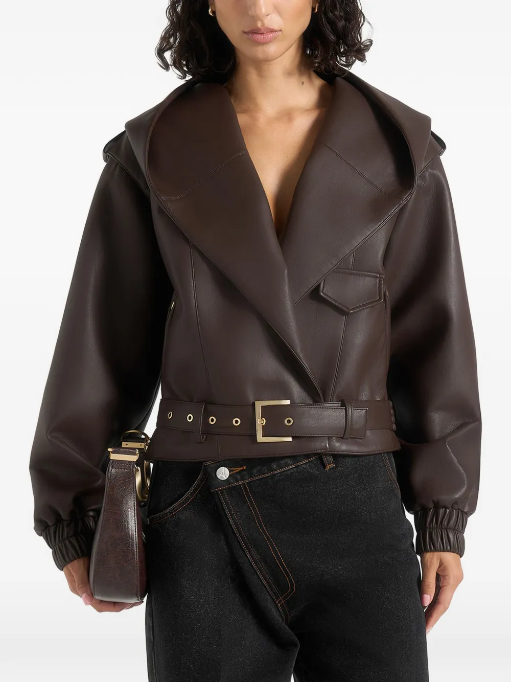 Manière De Voir Tamsin in brown hooded cropped leather jacket with belt - Marrone
