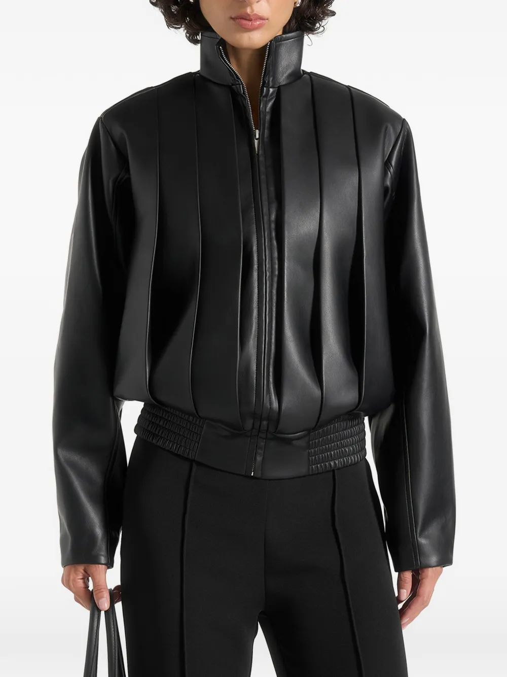 Manière De Voir Kirsty in black oversized pleated leather bomber jacket - Schwarz