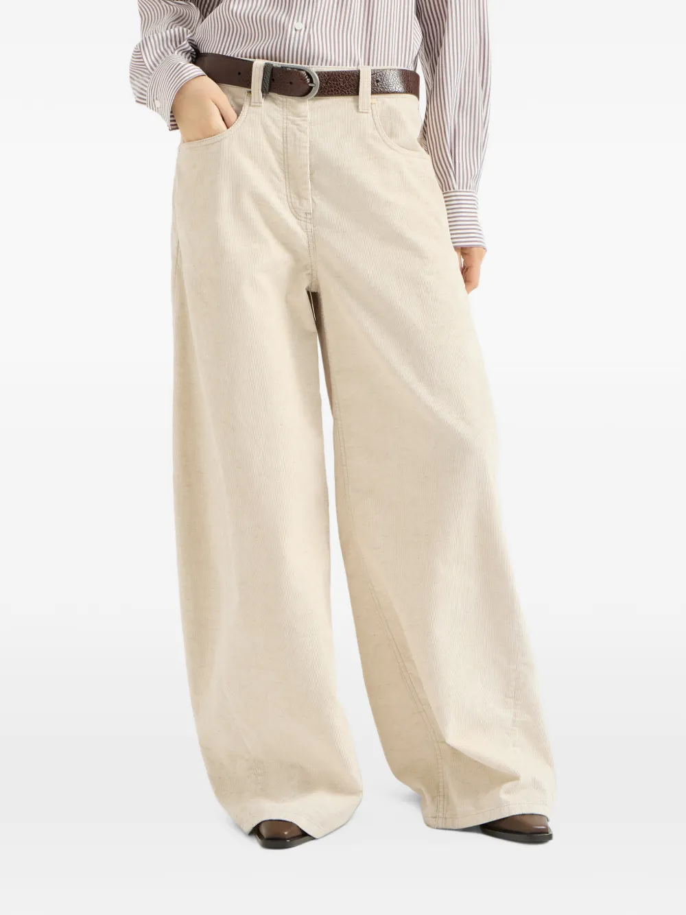 Brunello Cucinelli Ribfluwelen broek met wijde pijpen Beige
