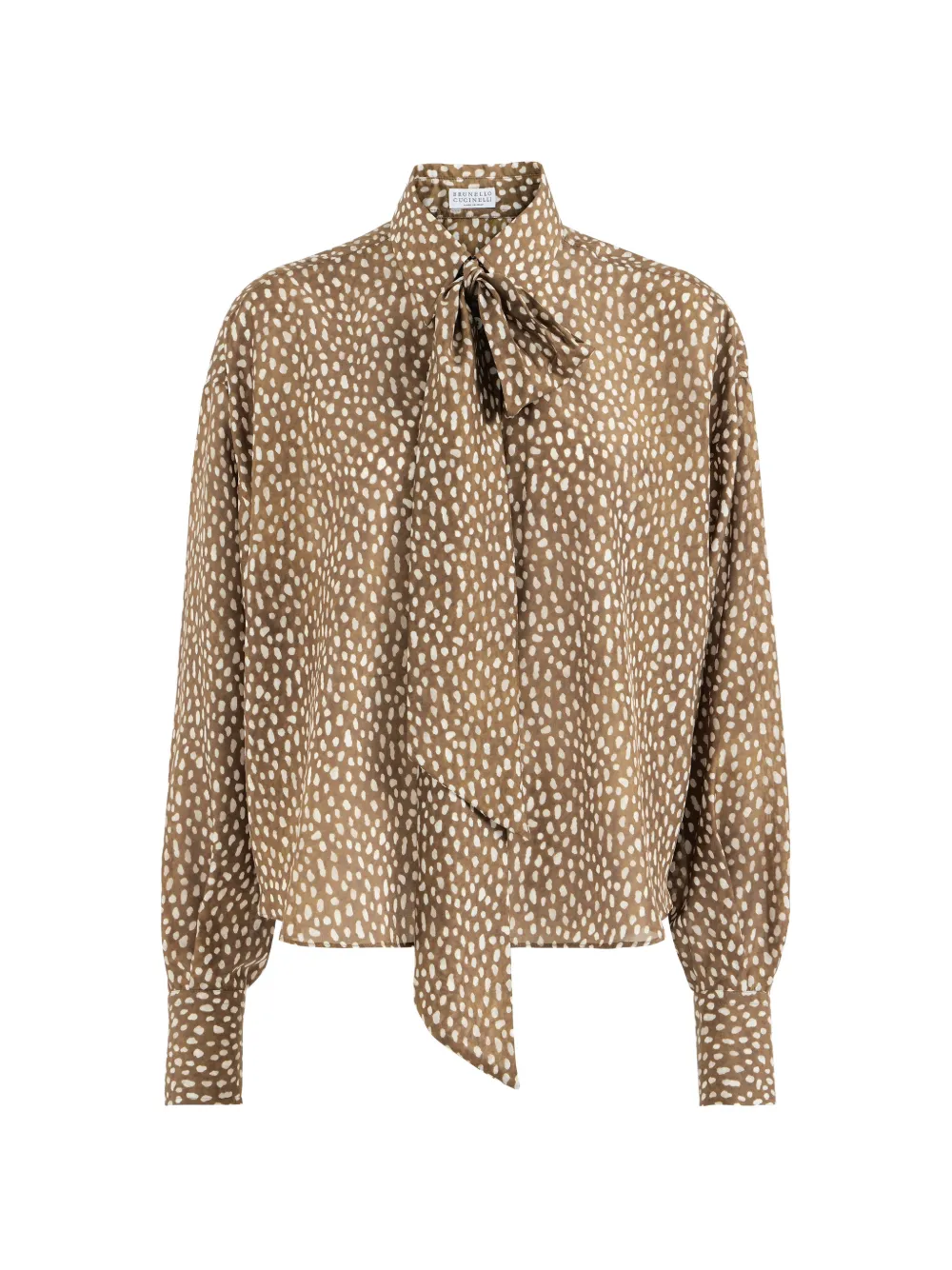Brunello Cucinelli silk dapple pongee pussybow blouse with Monili Bruin