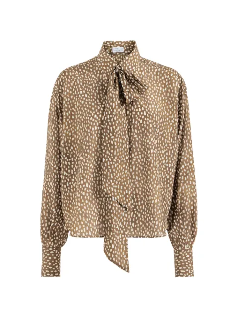 Brunello Cucinelli silk dapple pongee pussybow blouse with Monili