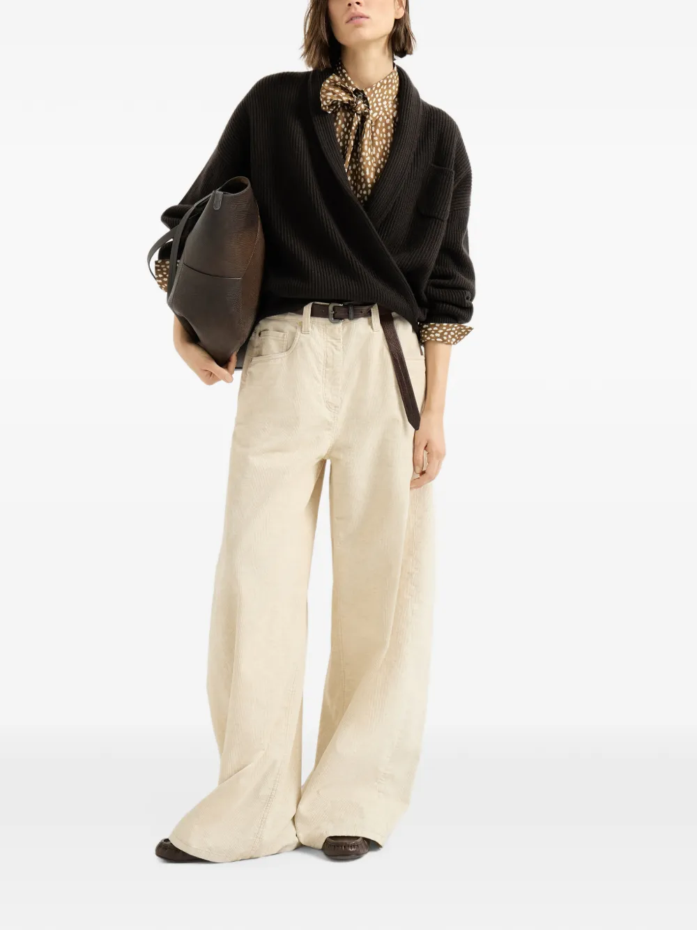 Brunello Cucinelli silk dapple pongee pussybow blouse with Monili Bruin