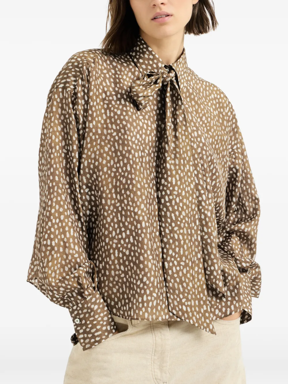 Brunello Cucinelli silk dapple pongee pussybow blouse with Monili Bruin
