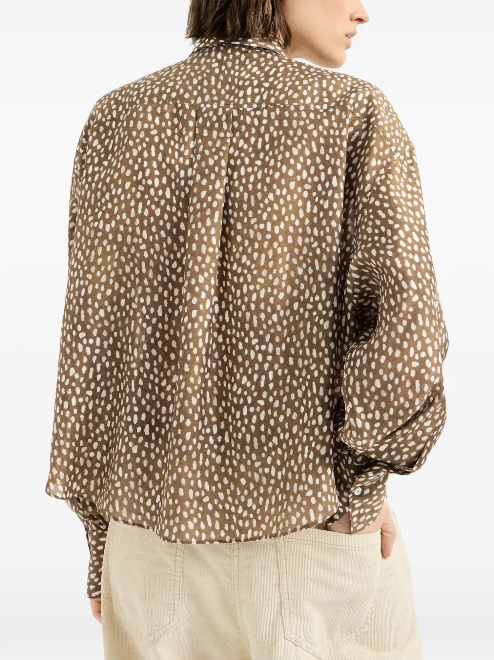 Brunello Cucinelli silk dapple pongee pussybow blouse with Monili Bruin